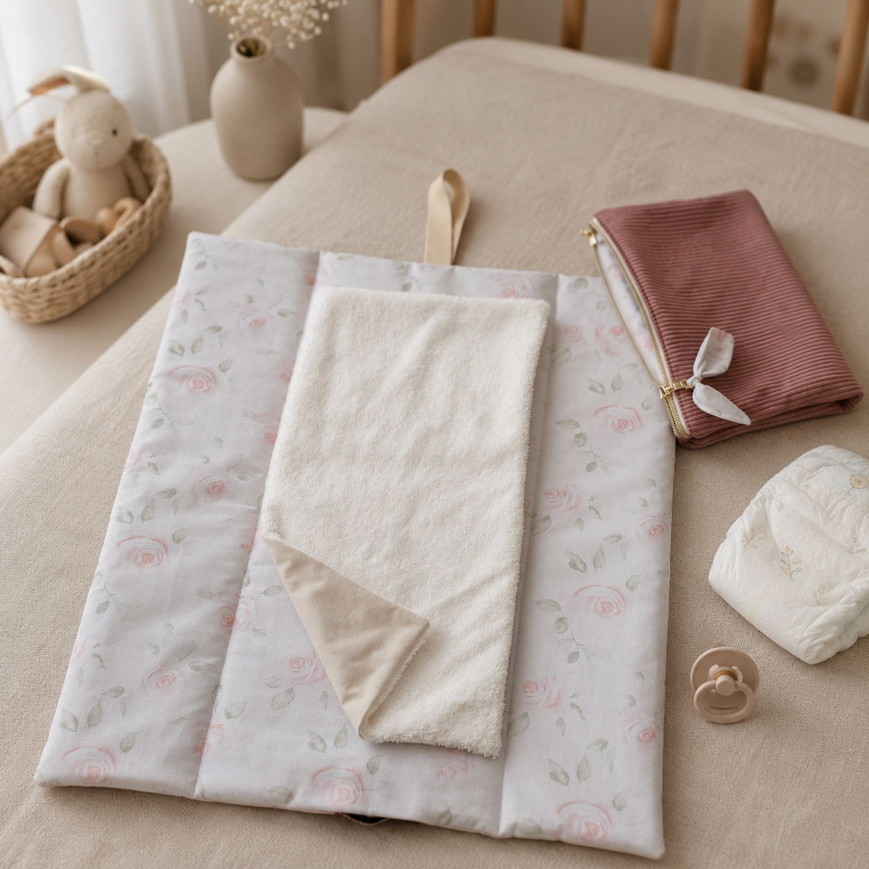 Tapis à langer nomade + trousse de toilette Léontine la Lapine | Velours côtelé rose