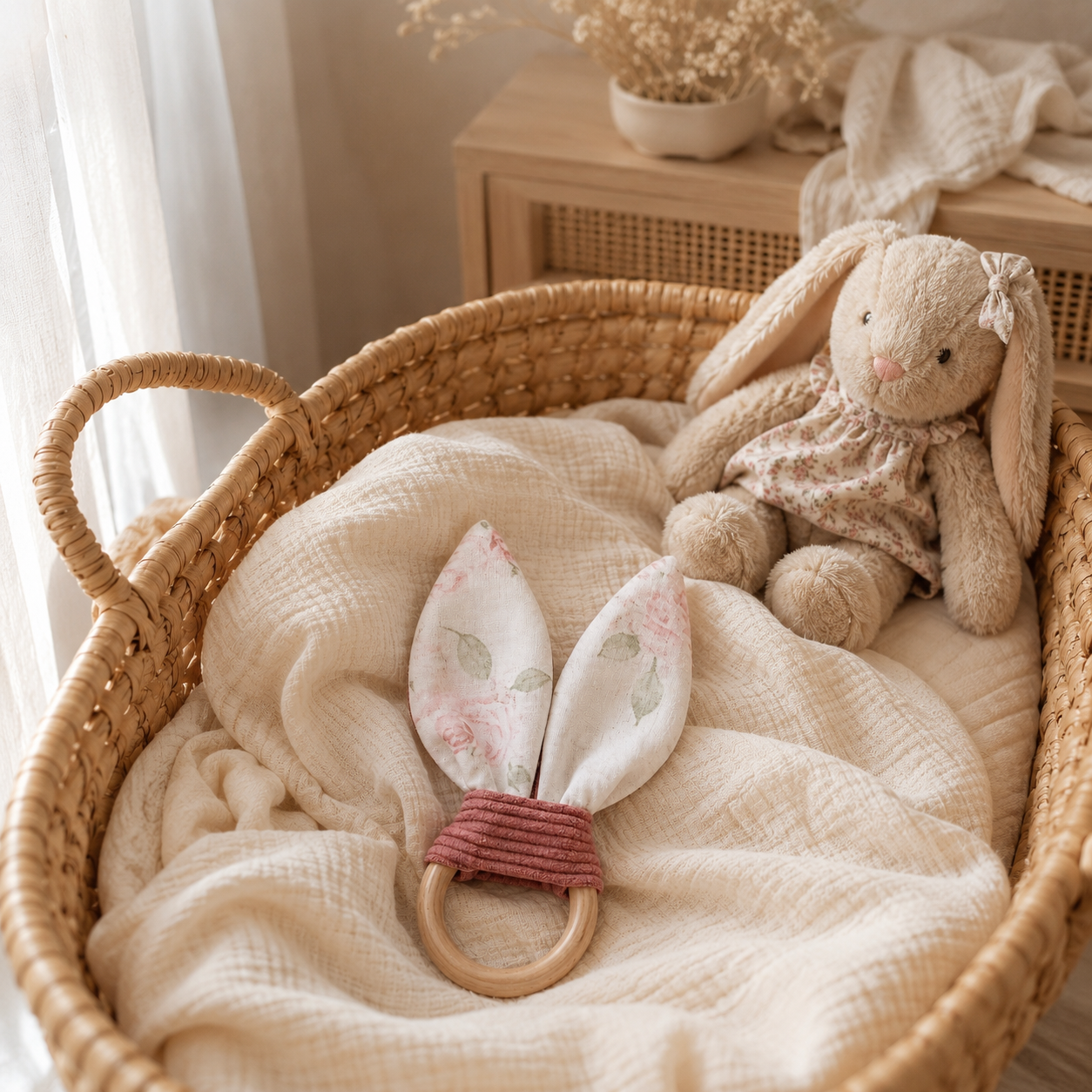 Hochet bébé oreilles de lapin Léontine – anneau bois, coton et velours côtelé
