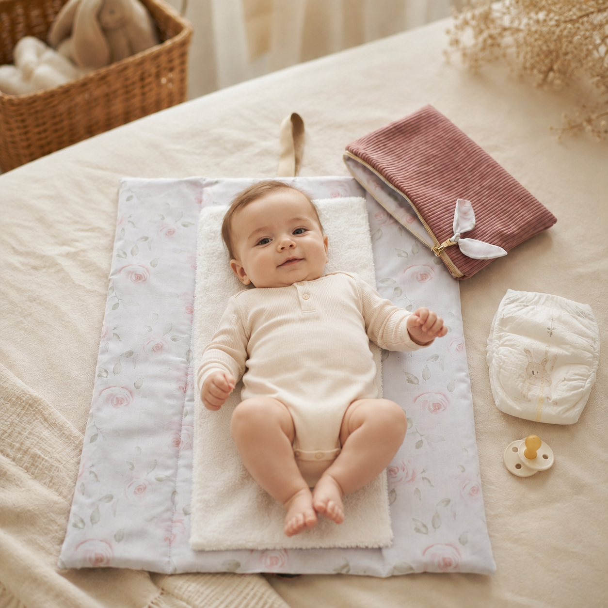 Tapis à langer nomade + trousse de toilette Léontine la Lapine | Velours côtelé rose