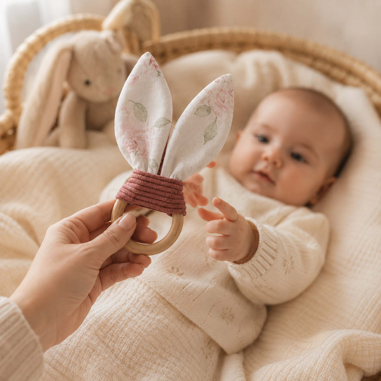 Hochet bébé oreilles de lapin Léontine – anneau bois, coton et velours côtelé