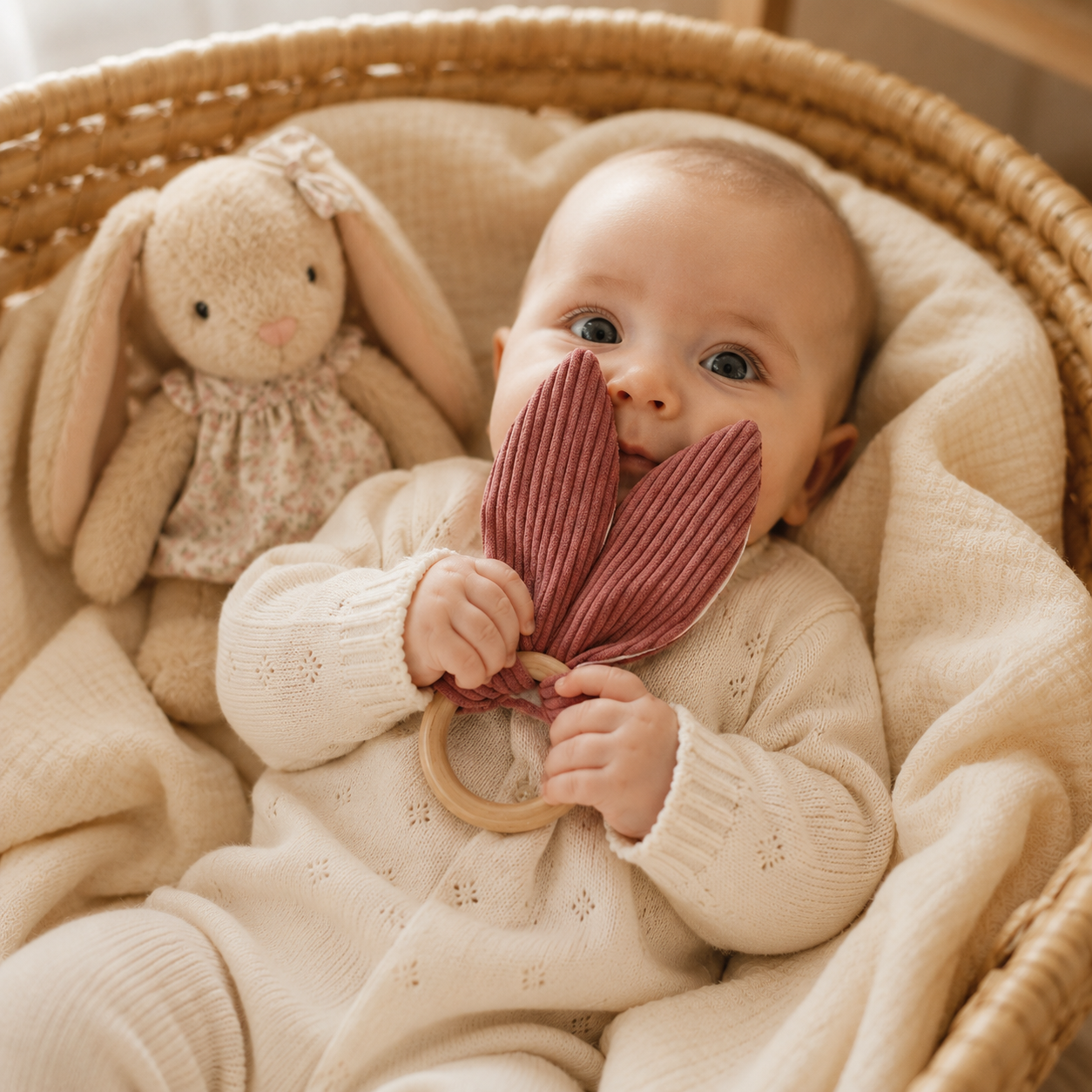 Hochet bébé oreilles de lapin Léontine – anneau bois, coton et velours côtelé