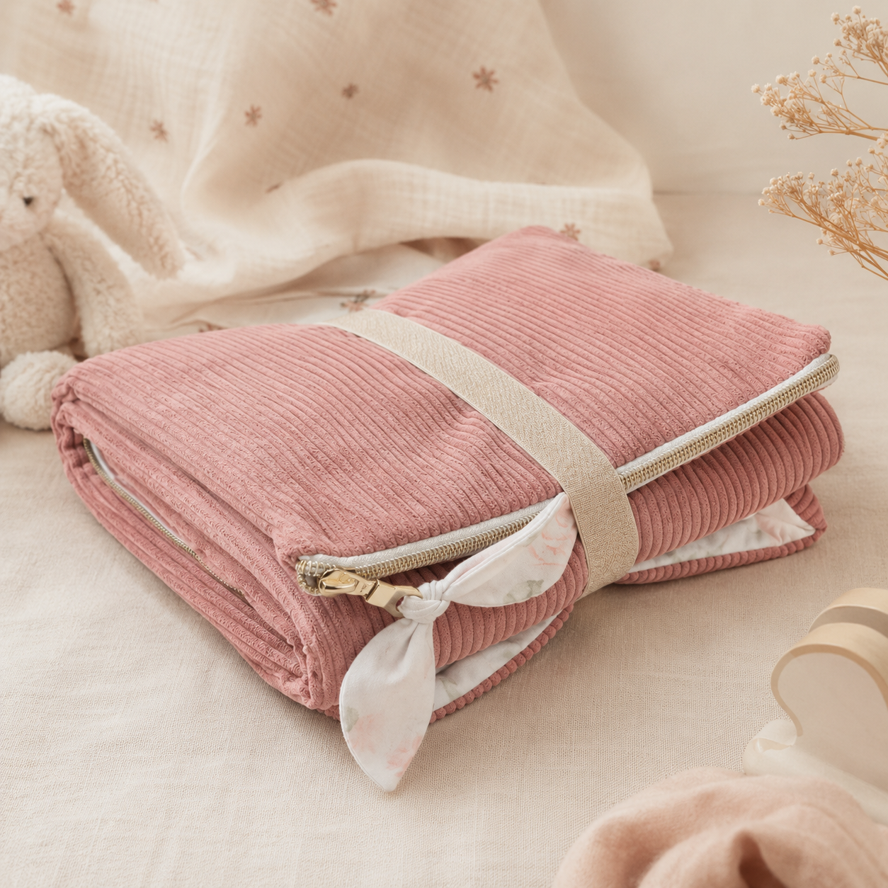 Tapis à langer nomade + trousse de toilette Léontine la Lapine | Velours côtelé rose