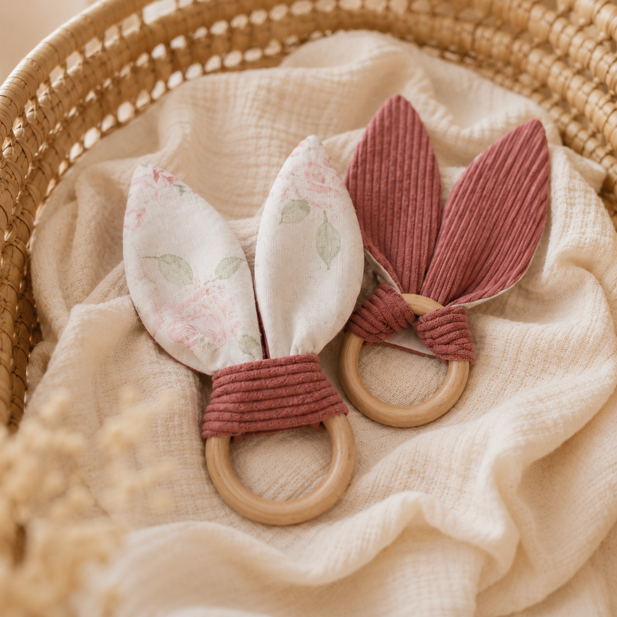 Hochet bébé oreilles de lapin Léontine – anneau bois, coton et velours côtelé