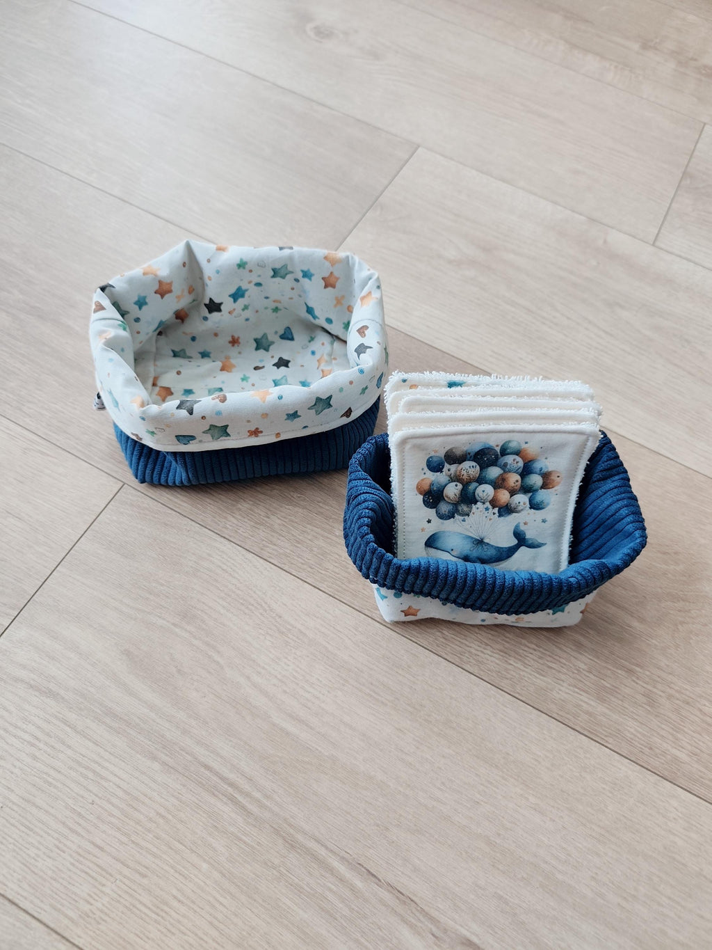 🐋 Panier en tissu réversible – Collection Madeleine la Baleine | Blanche & Noé