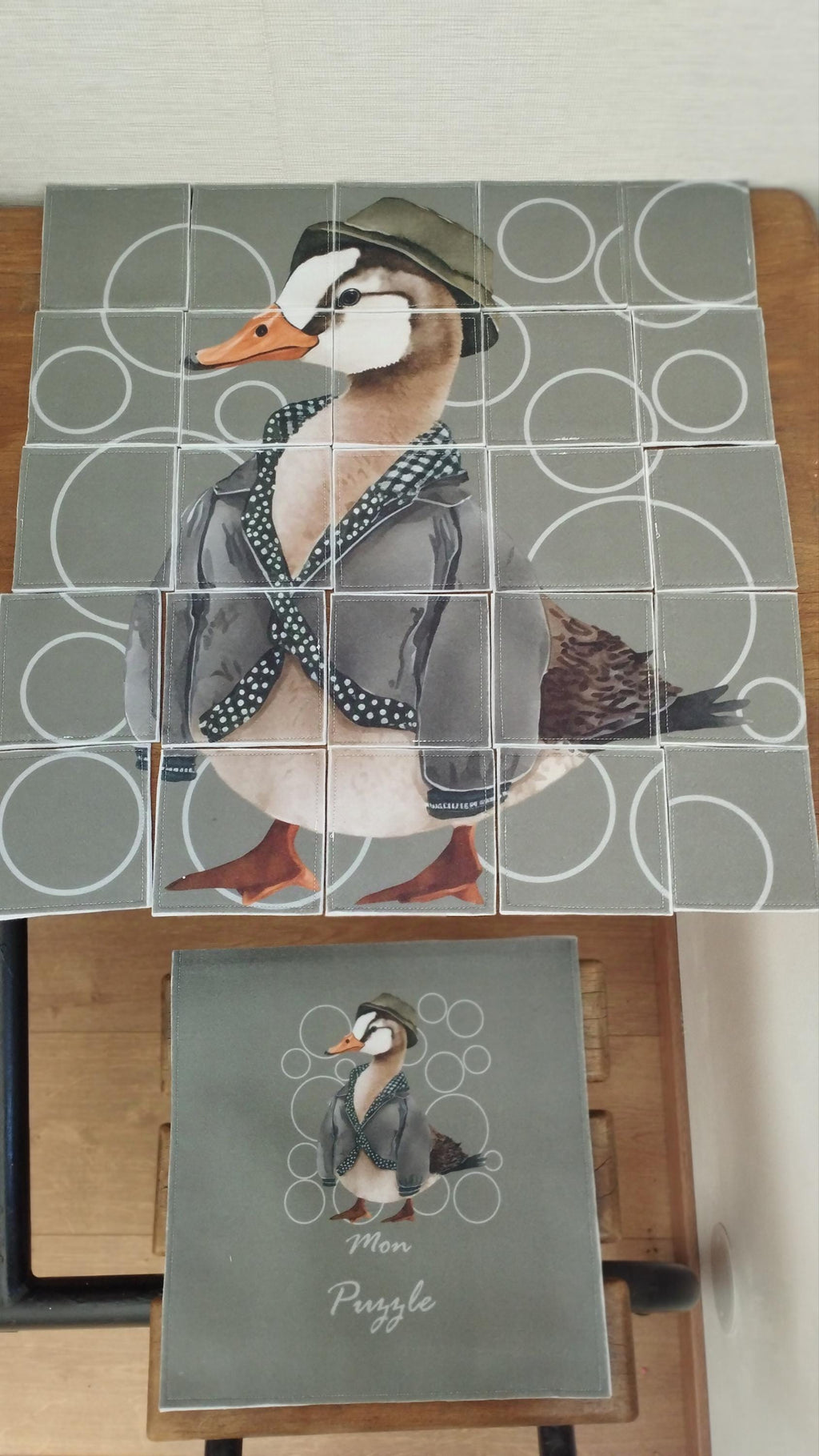 🦆 Puzzle enfant 25 pièces double face – Gaspard le Canard | Fait main en feutrine – Blanche & Noé